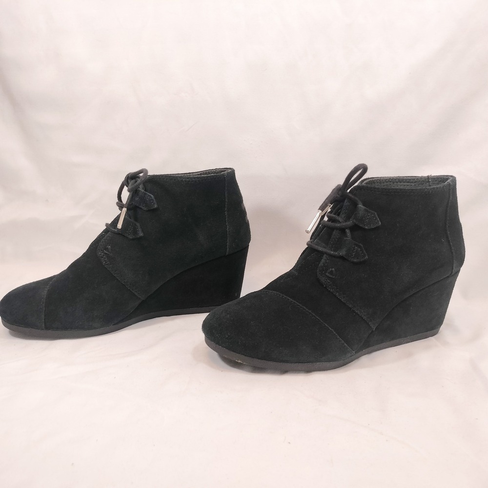 TOMS Black Suede Desert Wedge Boots; Lace Up Ankle Booties Heel